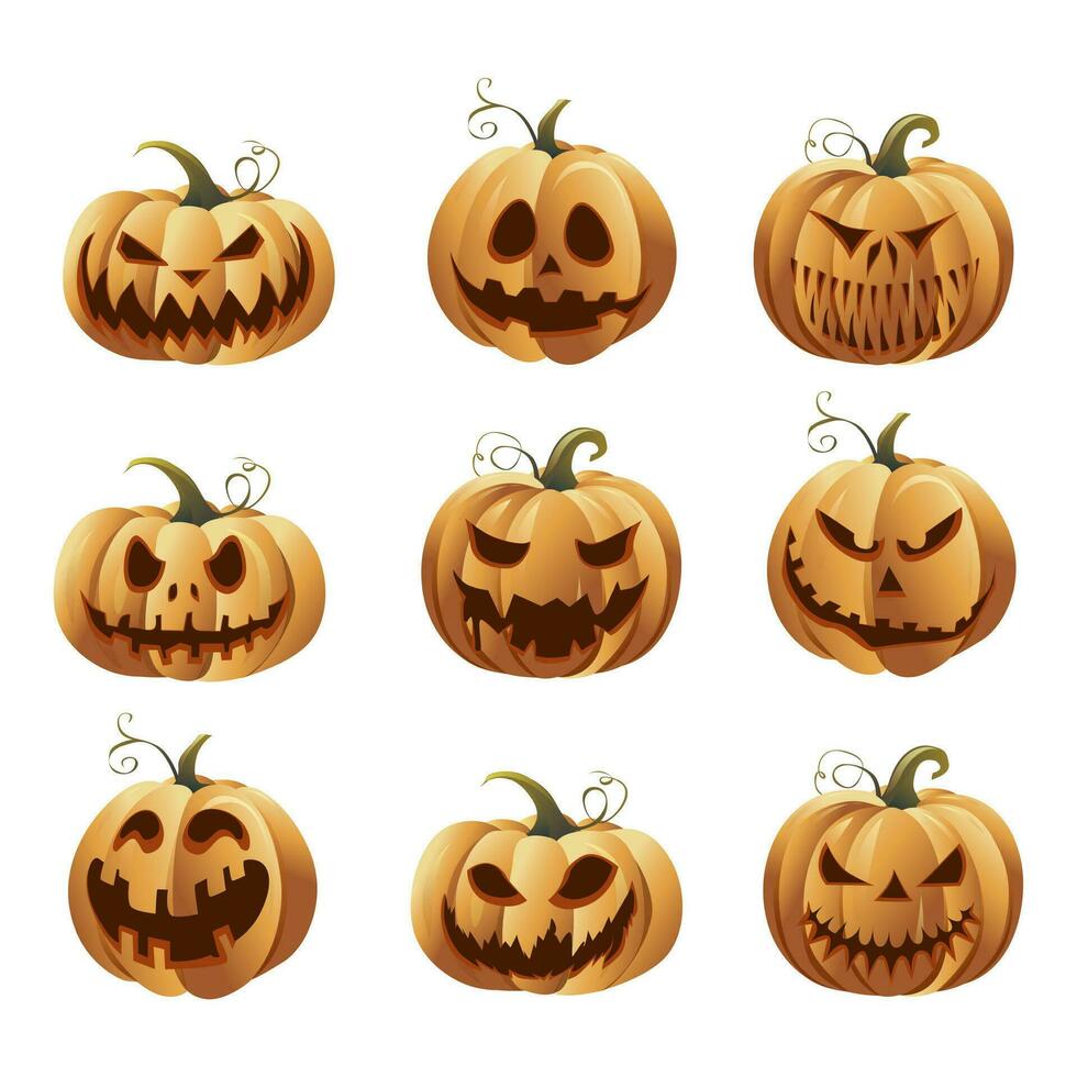 Halloweens pumpkins set. Symbol mascots for scary autumn holiday Halloween, awful grimace pumpkins. Eye-socket and toothy mouth. Vector illustration