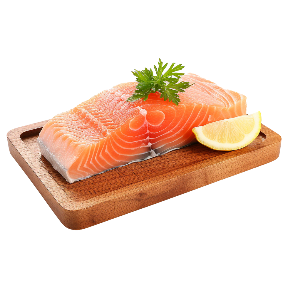 AI generated Fresh raw salmon pieces on wooden board with transparent background png