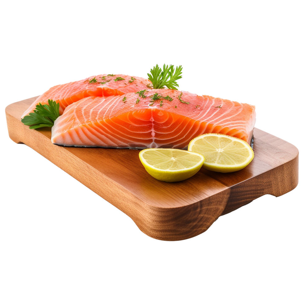 AI generated Fresh raw salmon pieces on wooden board with transparent background png