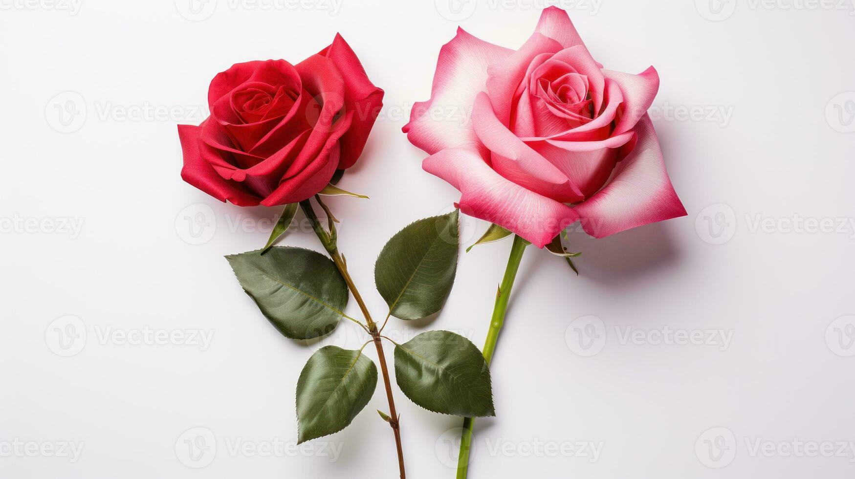AI generated Romantic Valentine's Card Red and Pink Roses on White Background photo