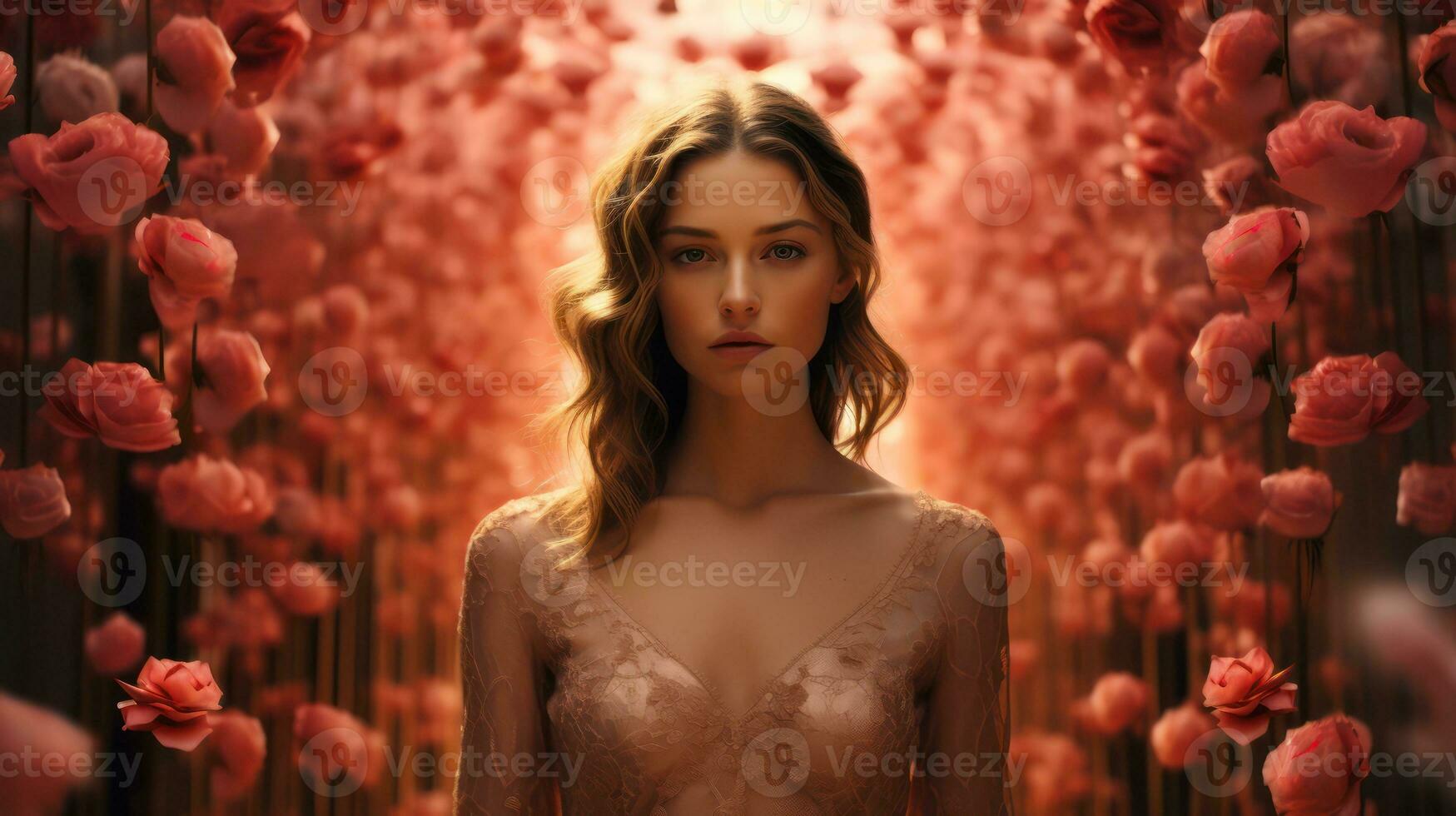 AI generated Romantic woman with roses in the garden photo