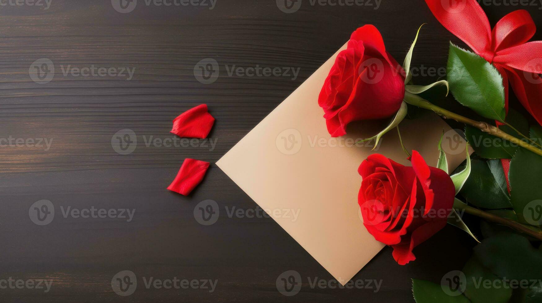 AI generated Red Roses and Invitation Card Romantic Close-Up photo