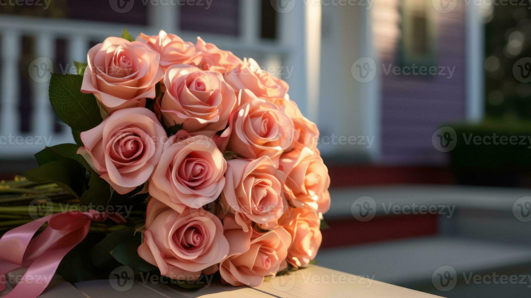 AI generated Morning Light Elegance Close-up of Delicate Pink Roses photo