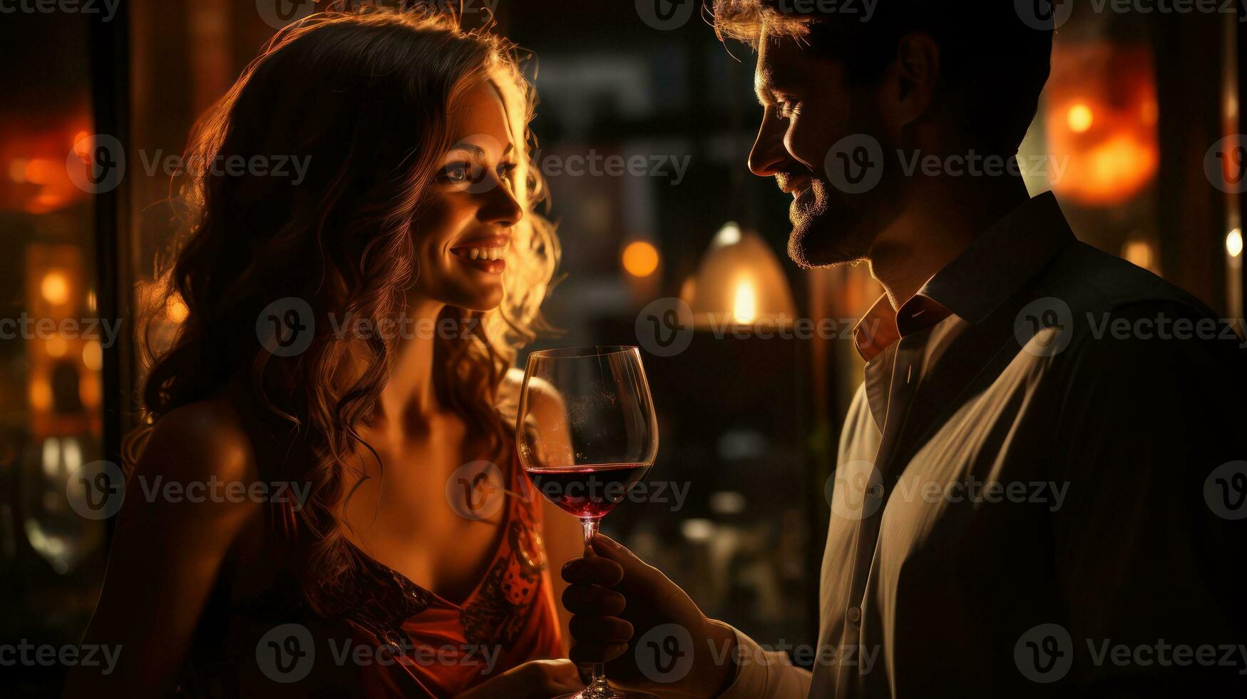 AI generated Intimate Wine Moment Close-up of a Couple's Loving Gaze and Wine Glasses photo