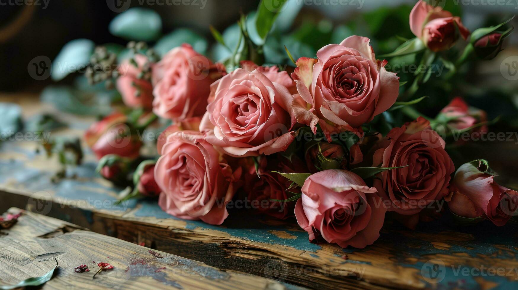 ai generado rosado rosas de cerca en de madera mesa foto