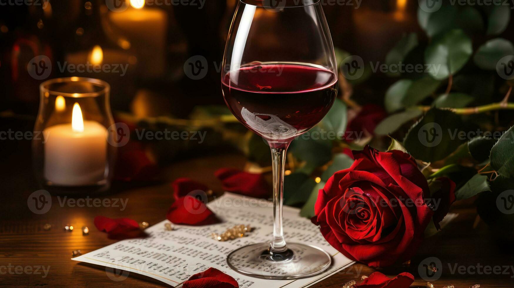 AI generated Romantic Red Roses, Invitation Card, and Wine Glass photo