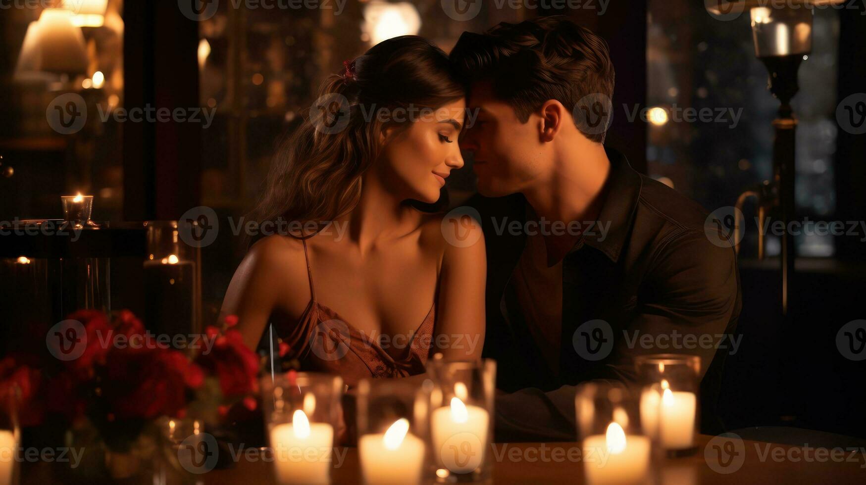 AI generated Romantic Valentine s Day Date at Candlelit Restaurant ,Loving Couple with Roses photo