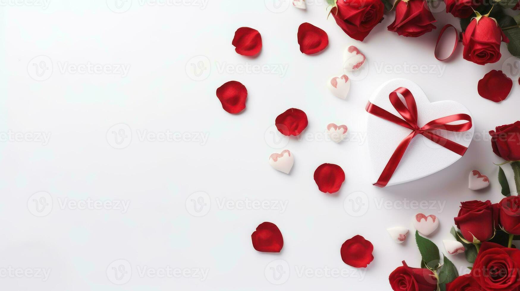 AI generated Romantic Heart Gift Box and Roses with Red Ribbon - Top View photo