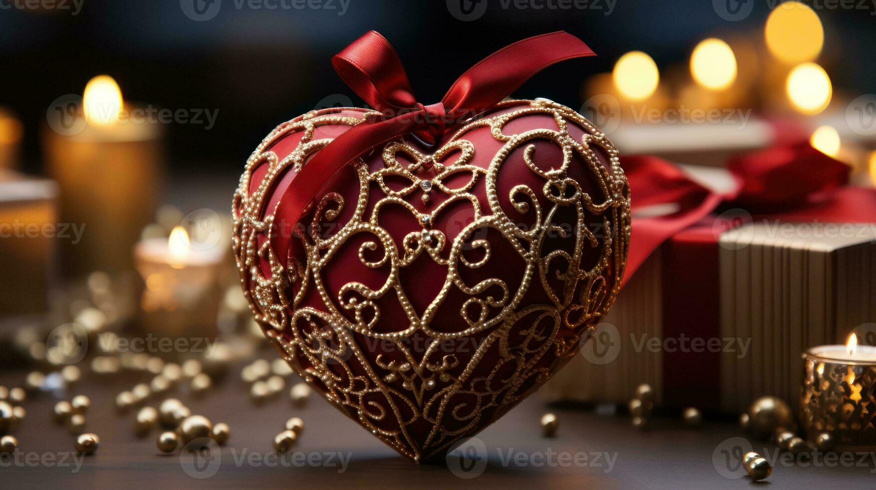 AI generated Romantic Red Heart-Shaped Gift Box with Gold Pattern and Ribbon photo