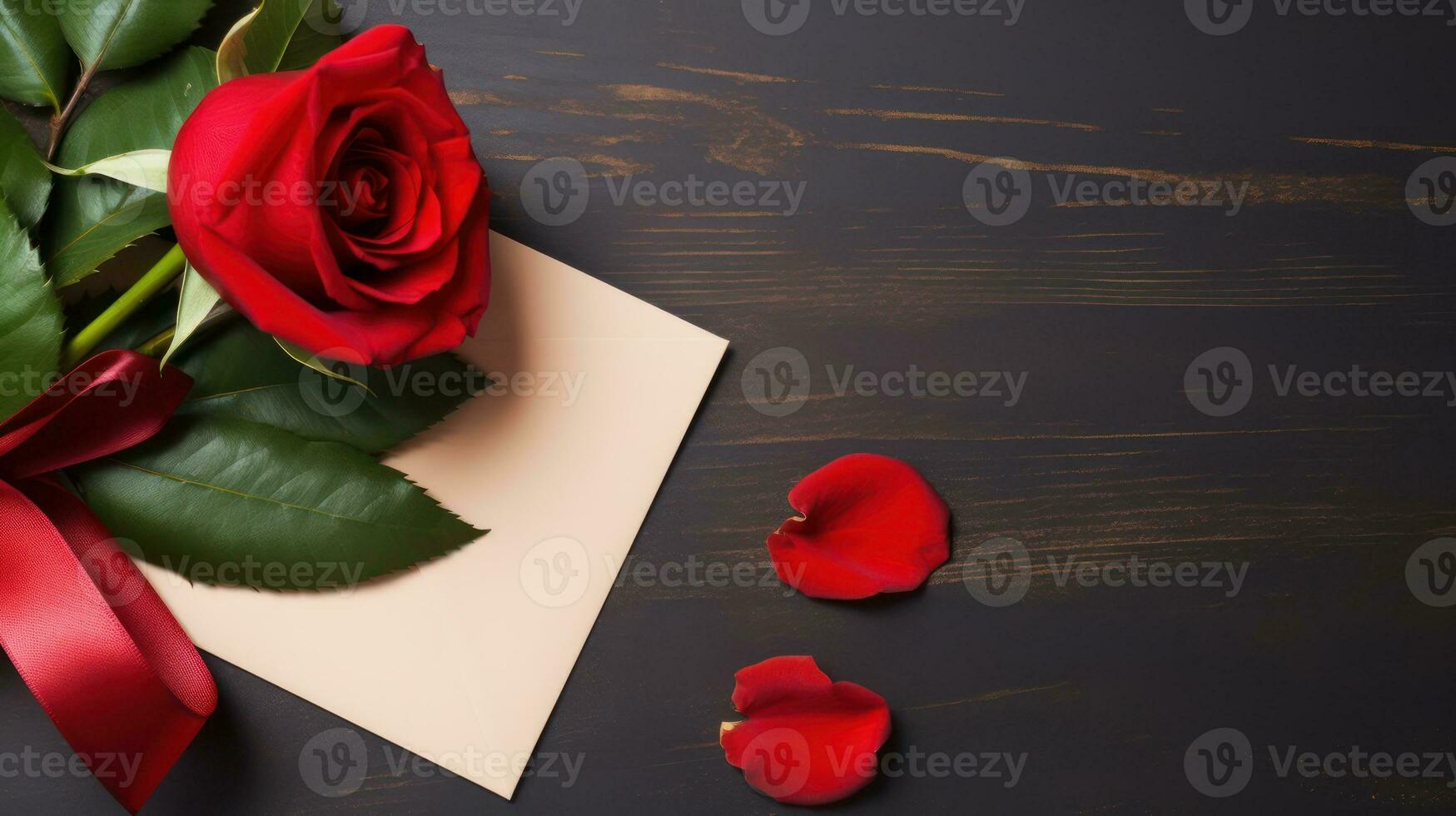 AI generated Red Roses and Invitation Card Romantic Close-Up photo