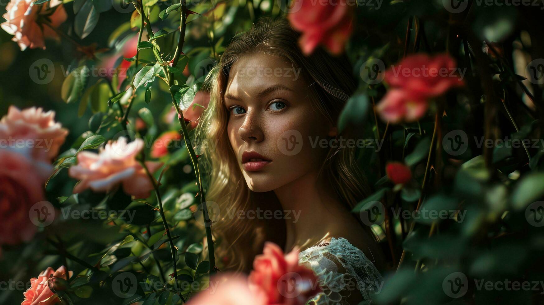 AI generated Close-Up Portrait of Woman's Face in a Rose Garden photo
