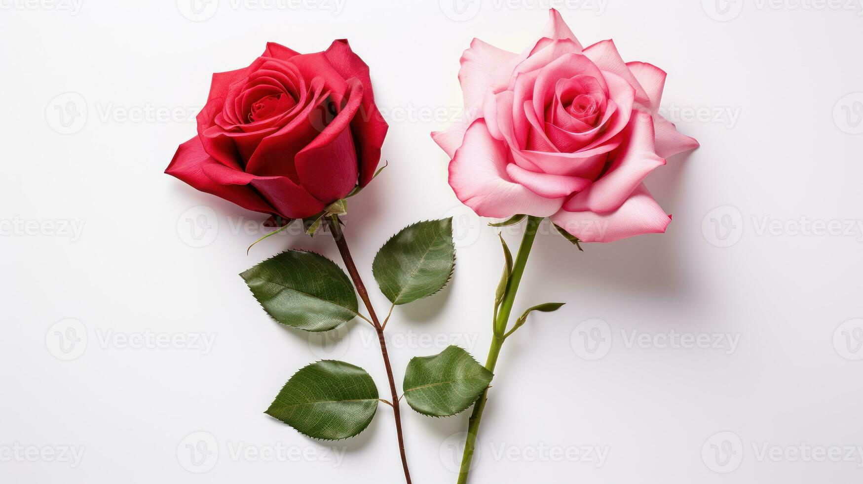 AI generated Romantic Valentine's Card Red and Pink Roses on White Background photo