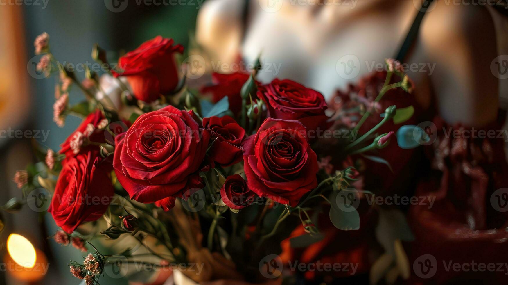 ai generado mujer participación un envuelto ramo de flores de rosas en San Valentín día foto