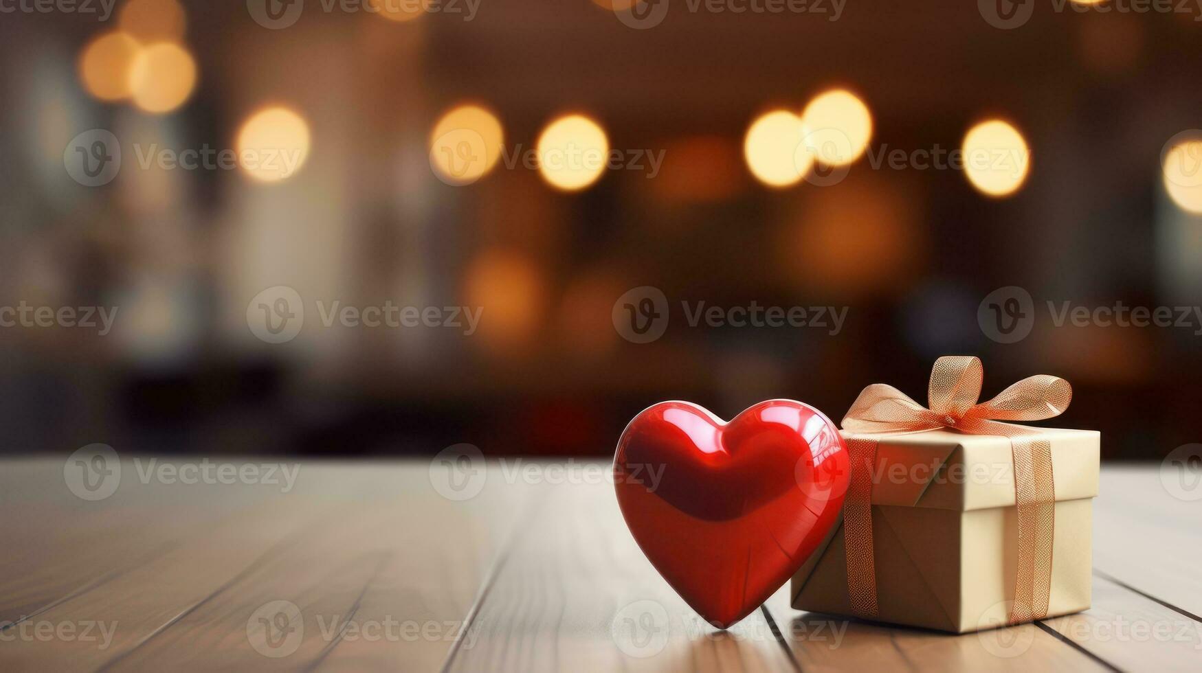 AI generated Romantic Heart Focus Gift Box on Table with Bokeh Blur Background photo