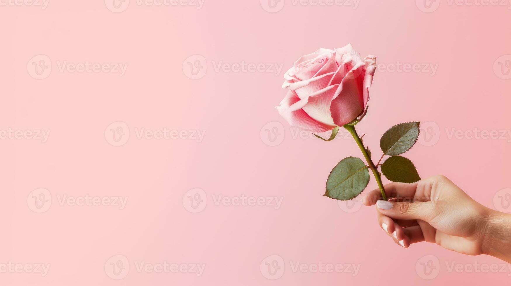 AI generated Close-Up Hand Holding Pink Rose on Pink Background photo