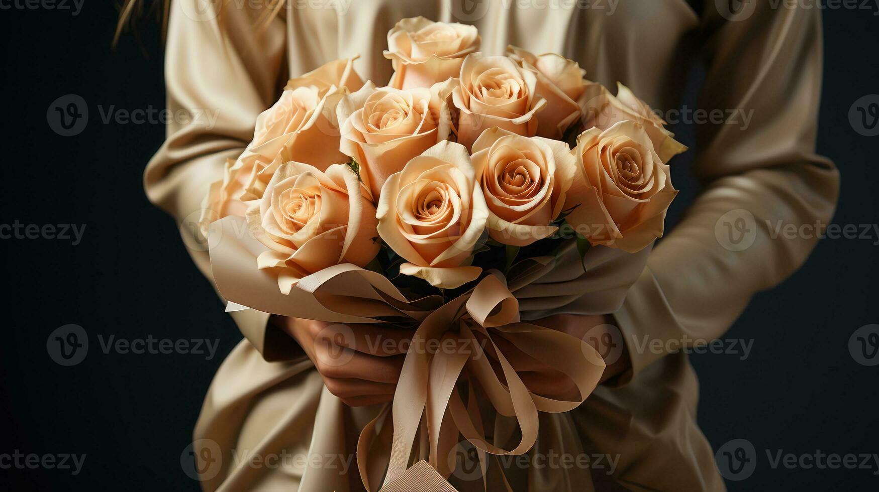 AI generated Elegant Woman Holding a Bouquet of Roses in Studio Light photo