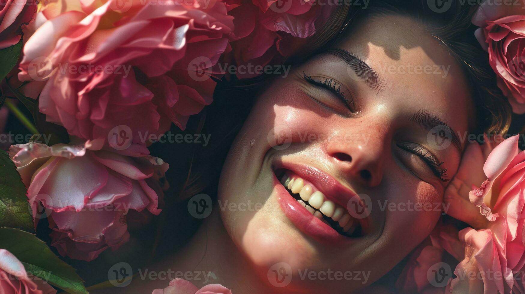 AI generated Happy Smiling Woman with Roses Close-Up Beauty photo