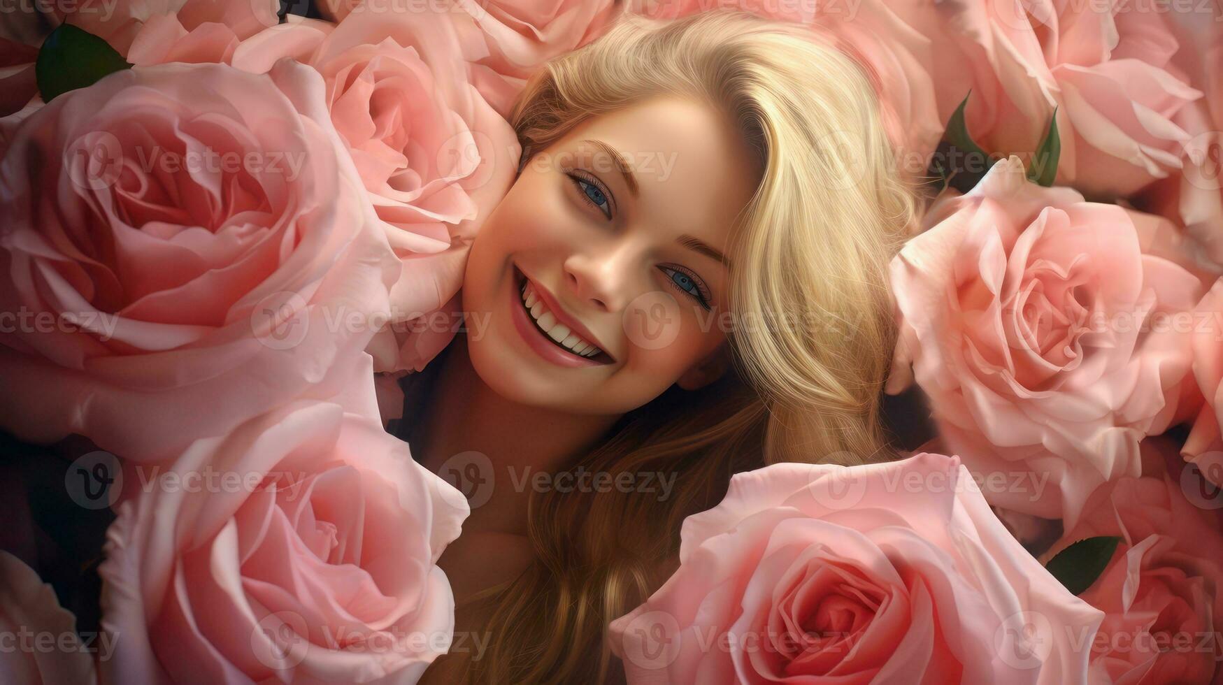 AI generated Happy Smiling Woman with Roses Close-Up Beauty photo