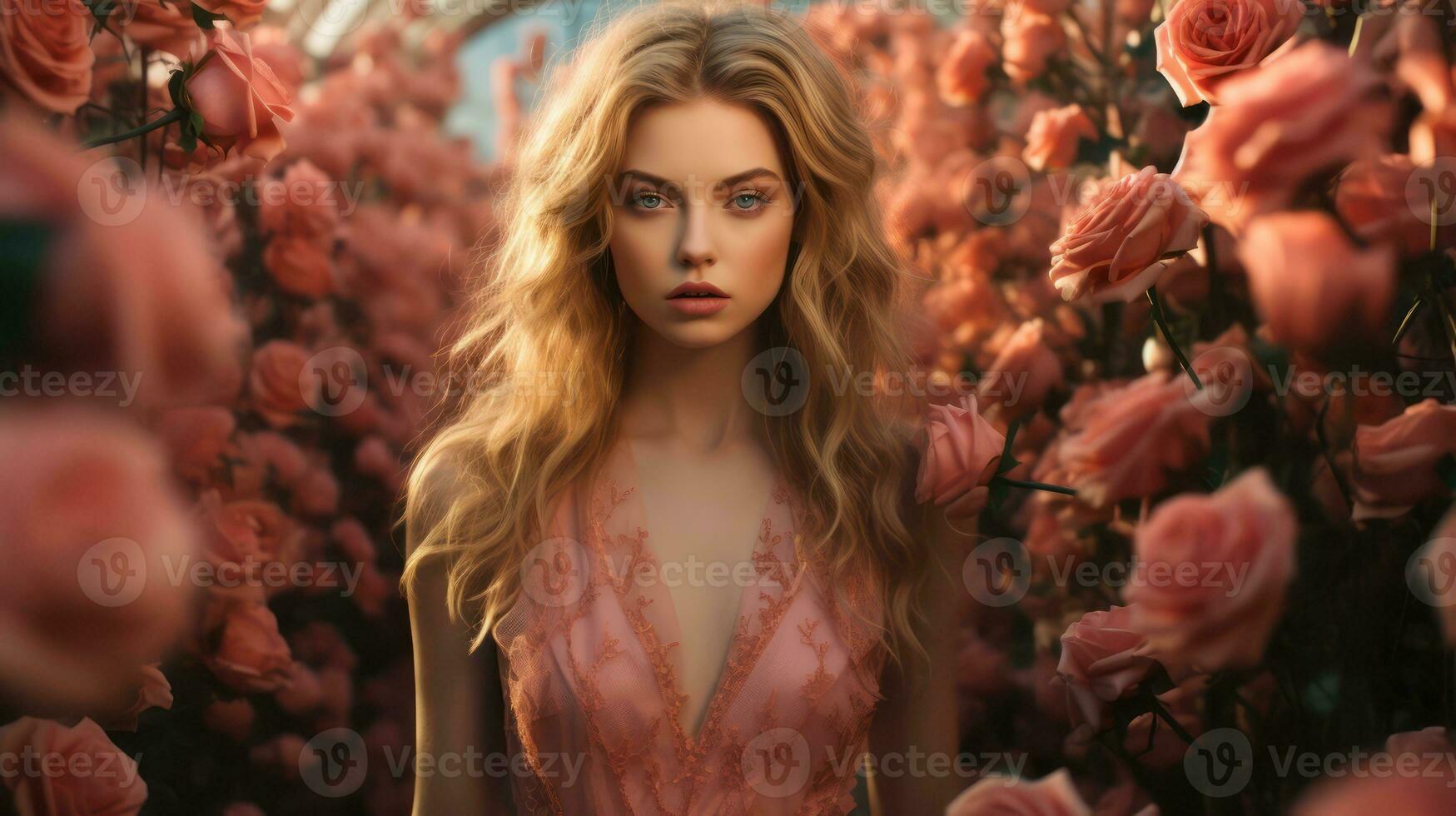 AI generated Romantic woman with roses in the garden photo