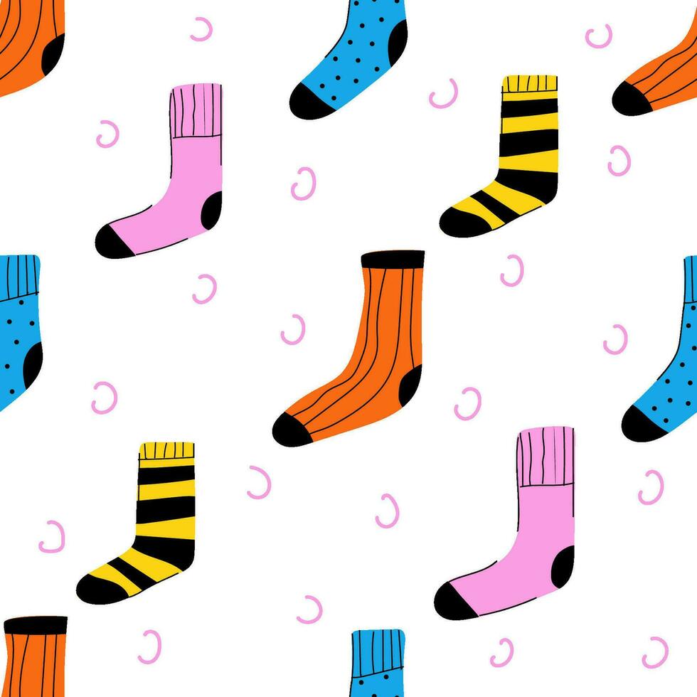 Seamless pattern with colorful doodle socks. Background, banner, poster, wrapping paper, wallpaper template. vector
