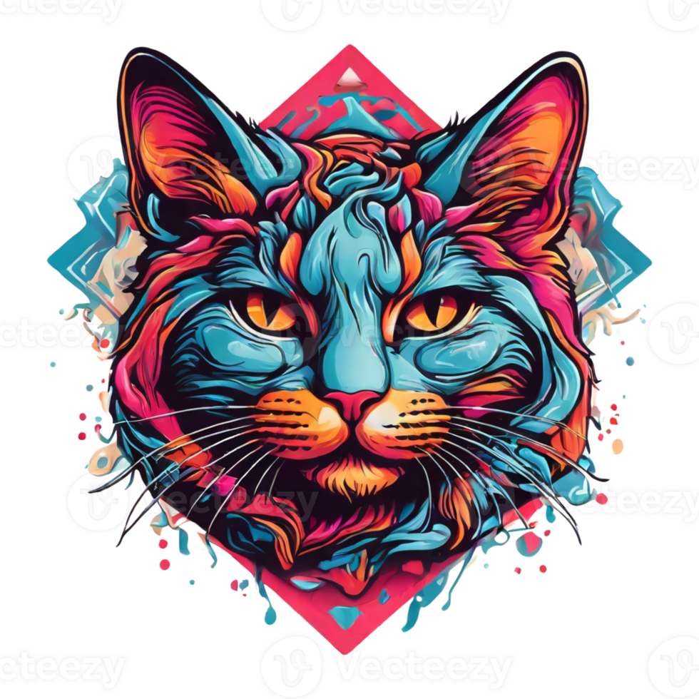 AI generated Psychedelic graphic design with an eccentric cat head, t-shirt image ready to print png