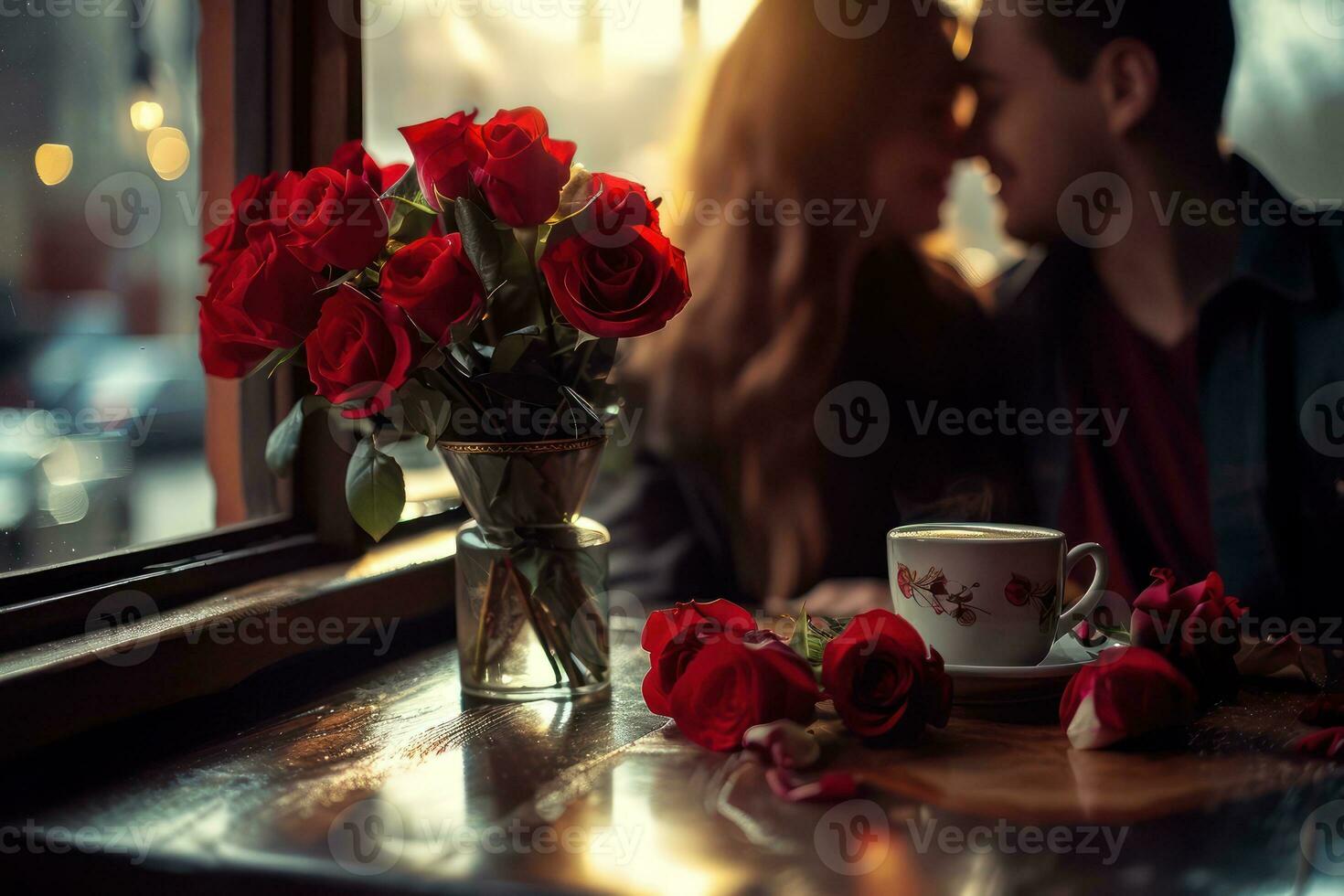 AI generated Romantic Young Couple in Retro Coffee Shop for Valentine's Day photo