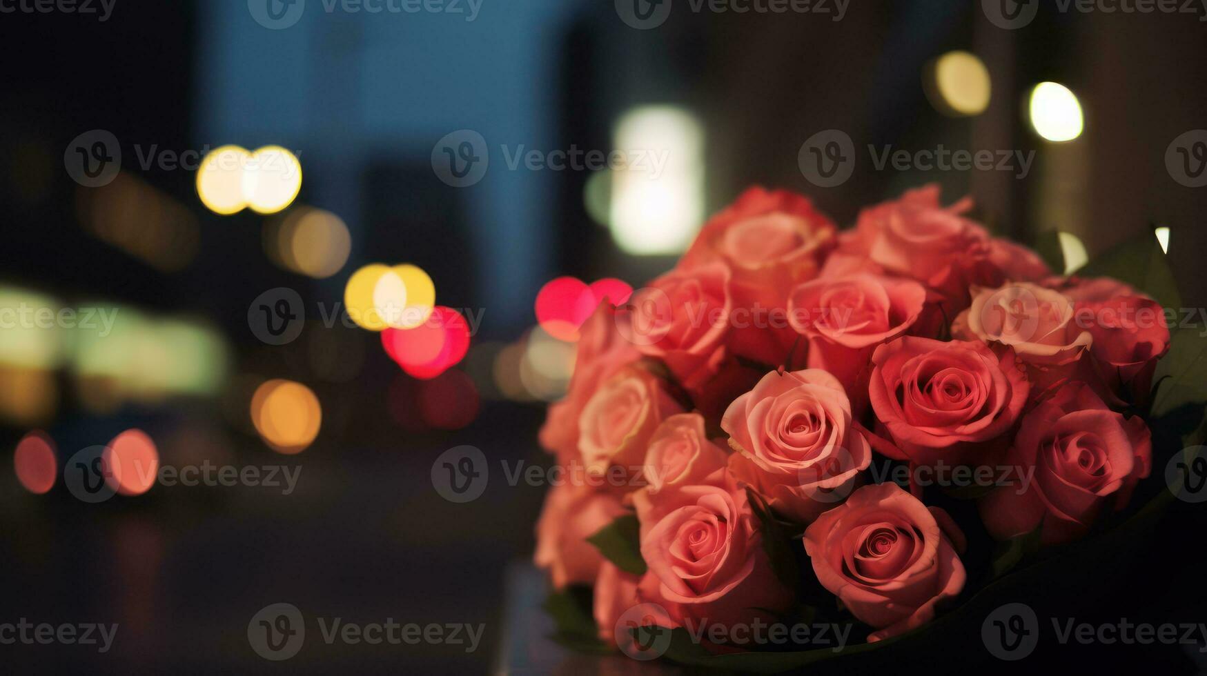 AI generated Elegant Wrapped Roses with Blurred Cityscape Background photo