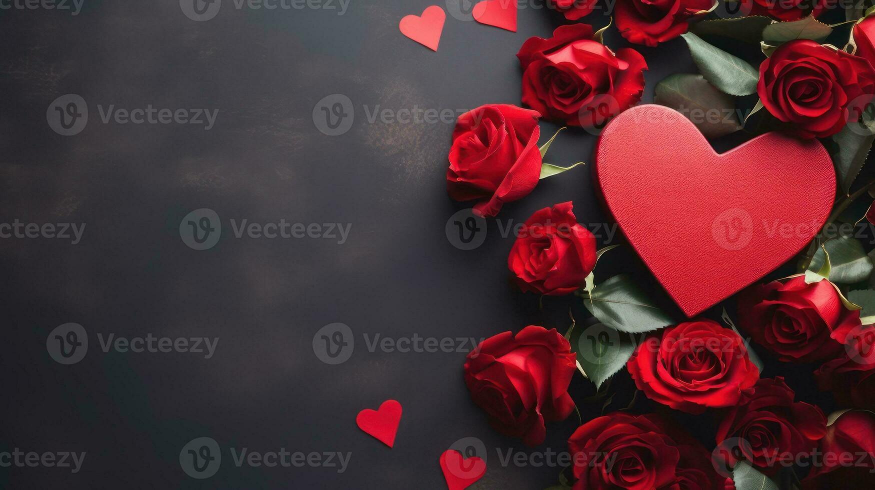 AI generated Romantic Top View Heart-Shaped Gift Box and Red Roses photo