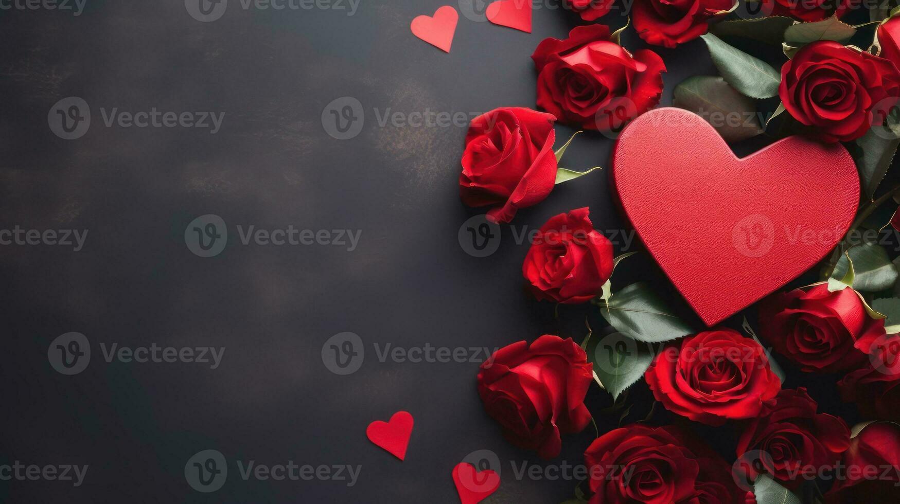 ai generado romántico parte superior ver en forma de corazon regalo caja y rojo rosas foto