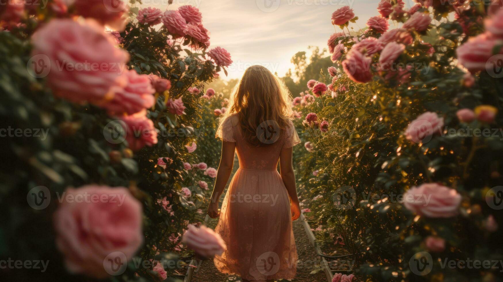 AI generated Pretty Young Woman in Rose Garden at Sunset photo