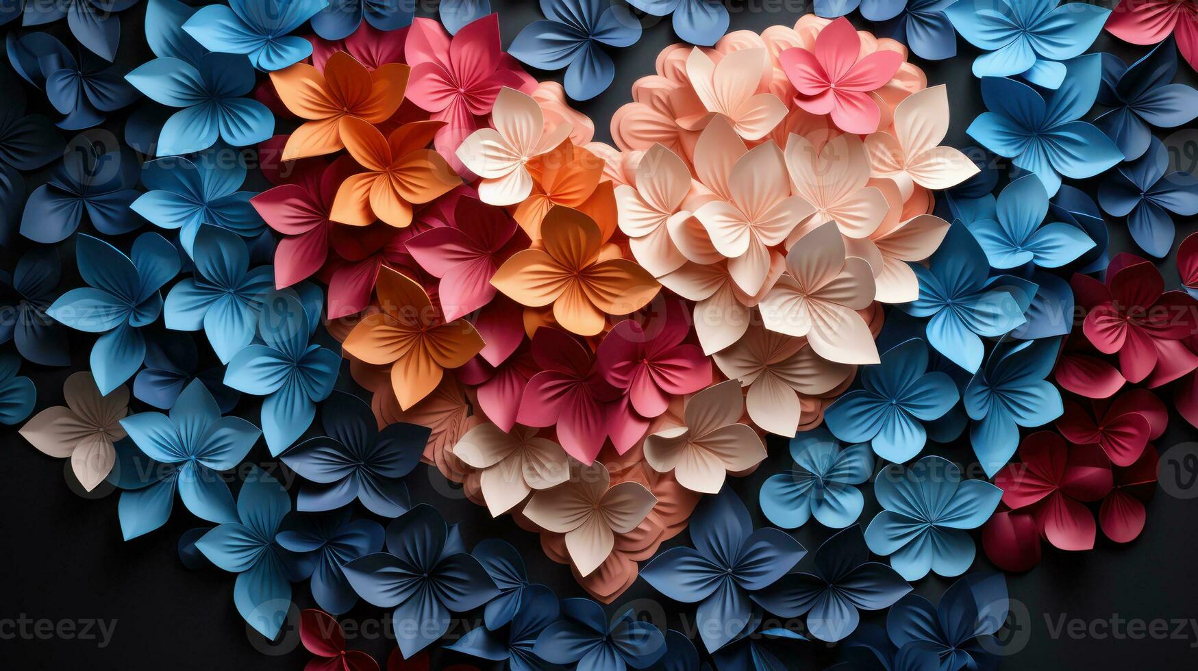 AI generated Paper heart mobile, Valentine's Day love and romance, beautiful paper heart, top view on floor. photo