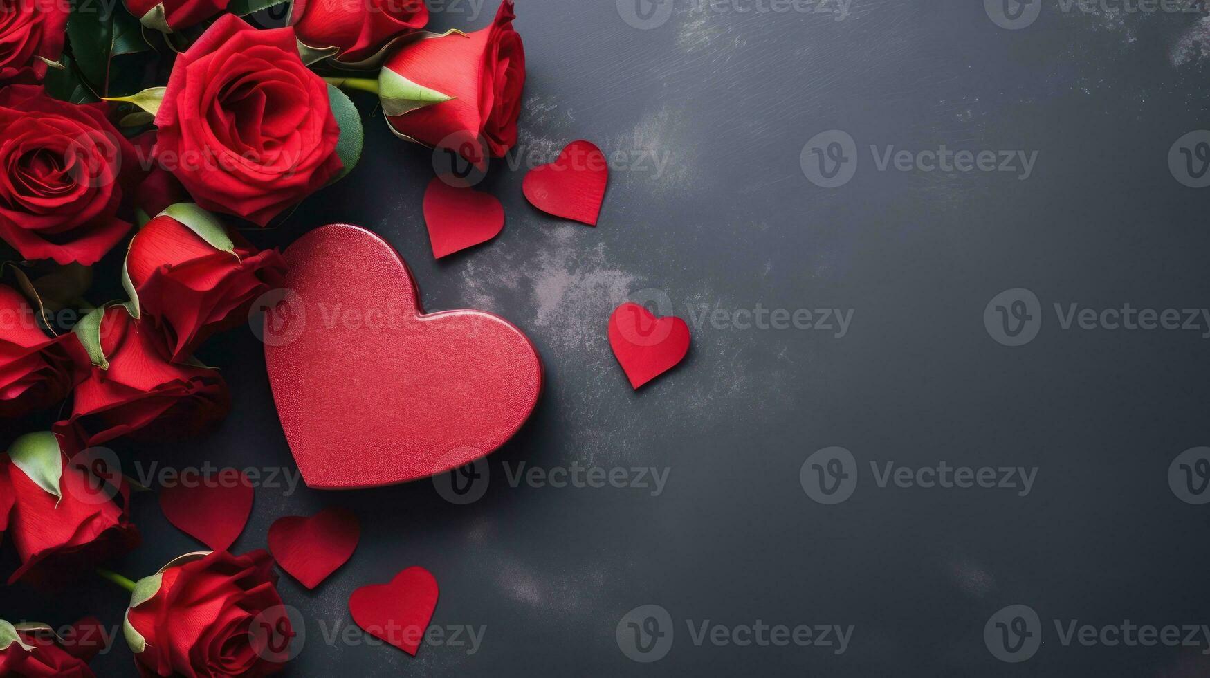 AI generated Romantic Top View Heart-Shaped Gift Box and Red Roses photo