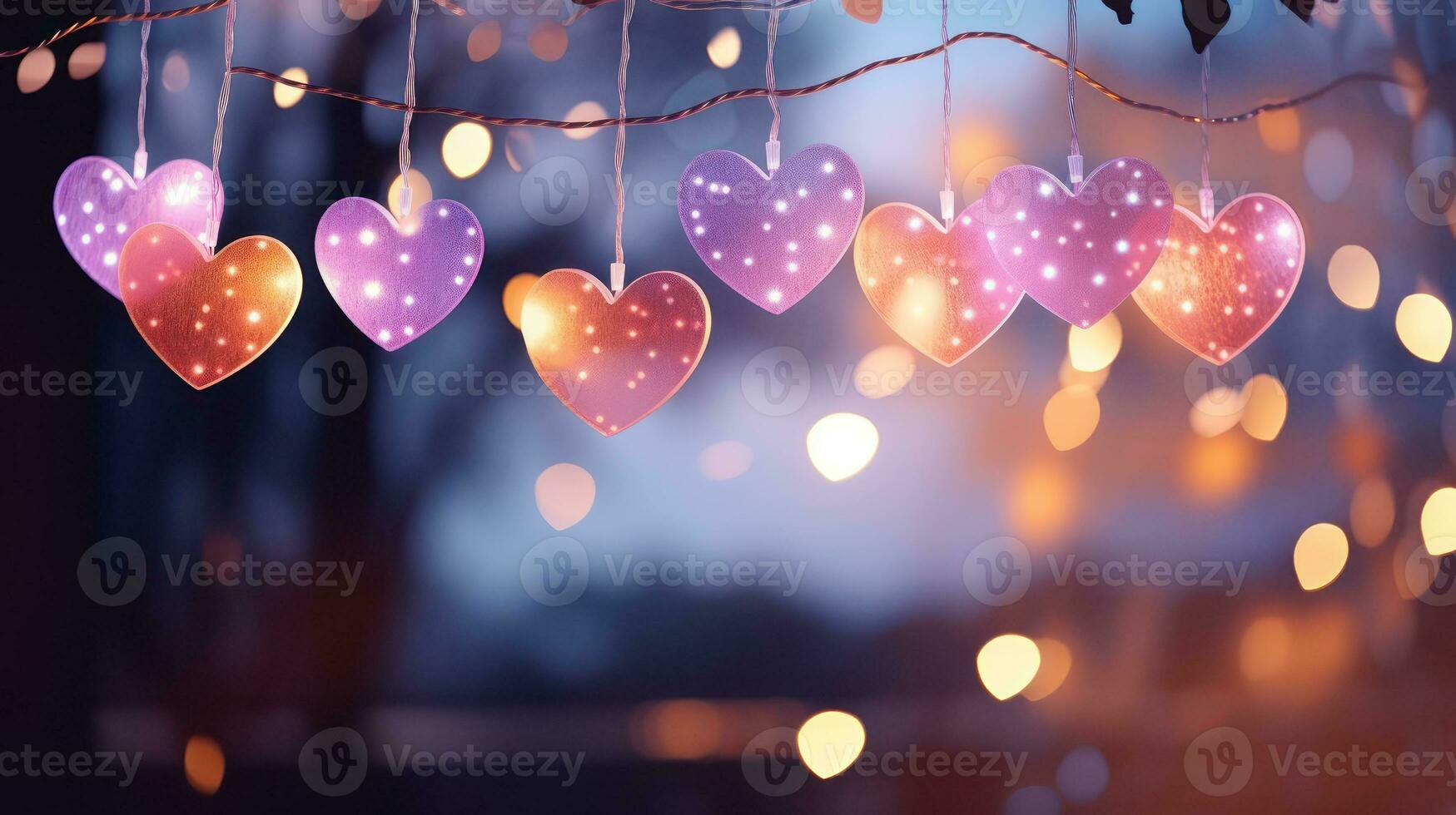 AI generated Romantic Night Celebration Heart Mobiles and Bokeh in Pastel Colors photo
