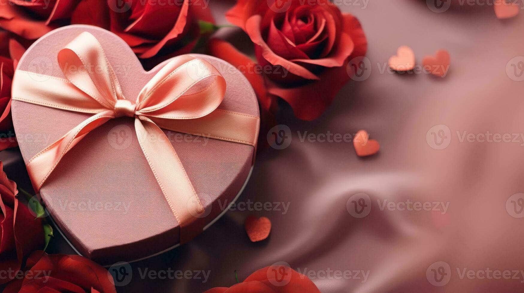 AI generated Valentine's Day Romance Red Rose Petals and Gift Box on Red Background photo