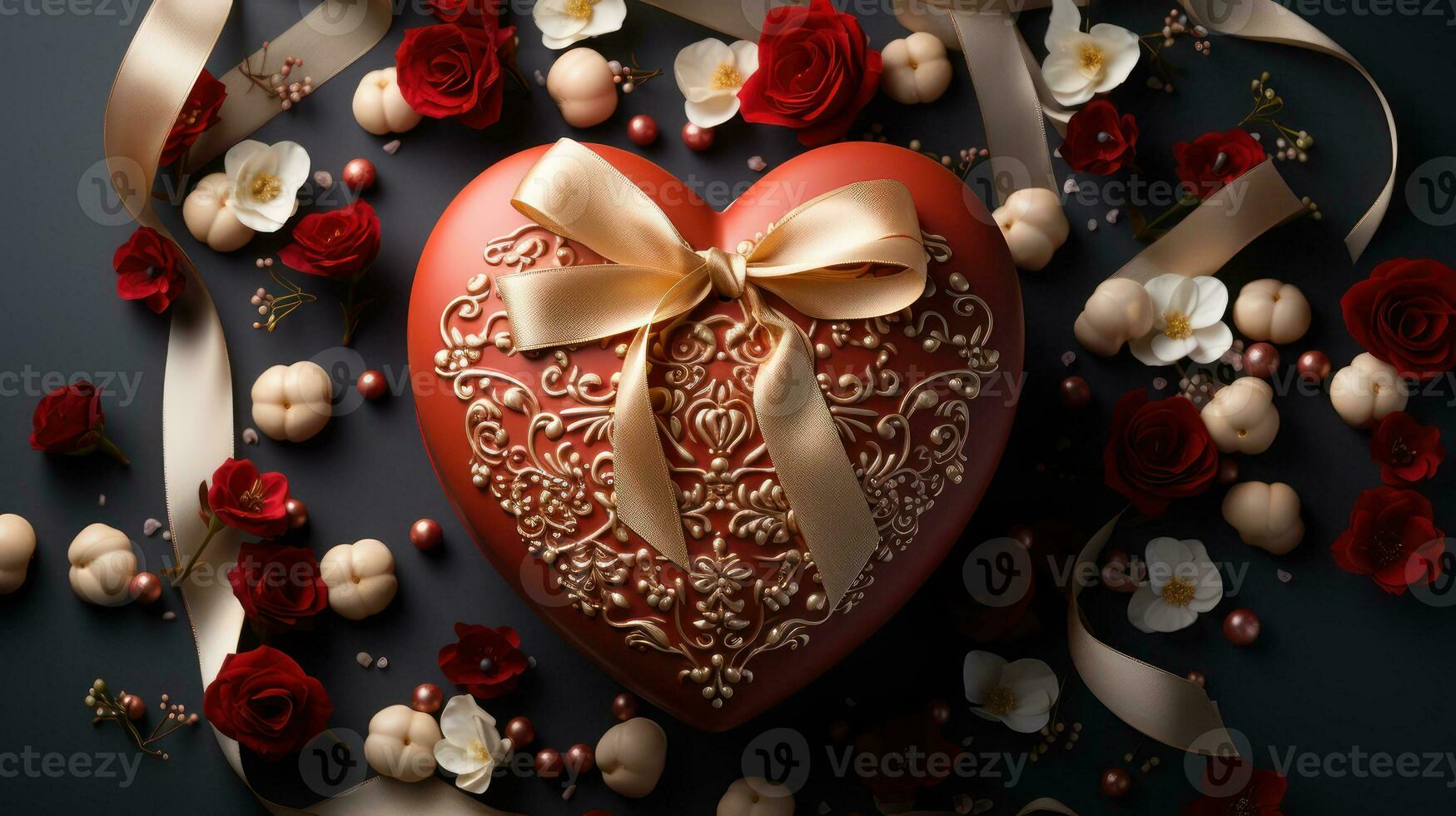 AI generated Valentine's Day Love Heart-Shaped Gift Box with Ribbon photo