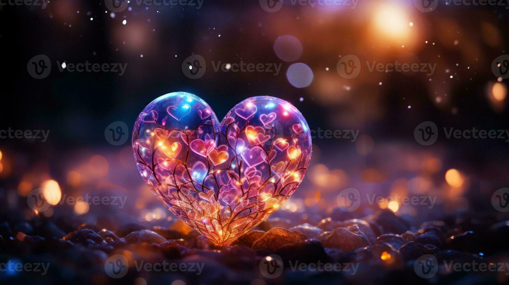 AI generated glowing heart shape Magical lights and spiral threads are ready on star glitter backgrounds, neon hearts, bright and exciting bokeh overlays. Soft bokeh and glowing glowing hearts photo
