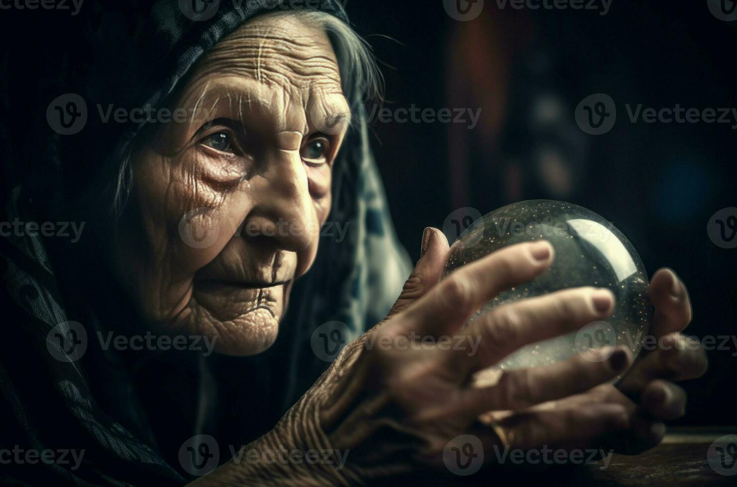 AI generated Old woman witch with crystal ball. Generate ai photo