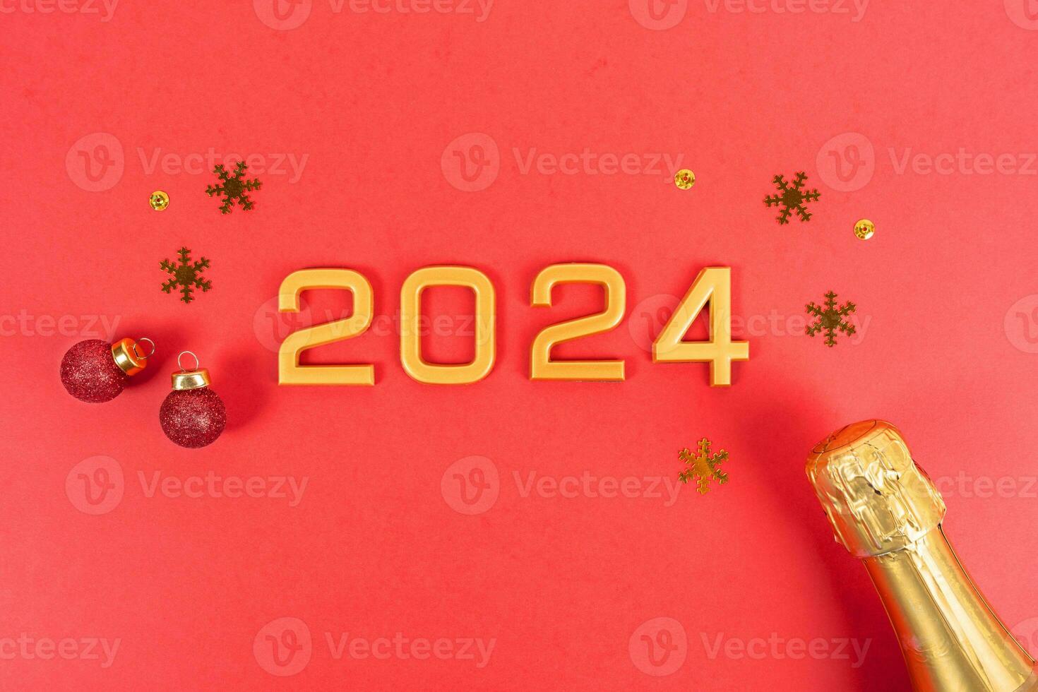 Numbers 2024 and bottle of champagne with confetti. New Years celebration or party. photo