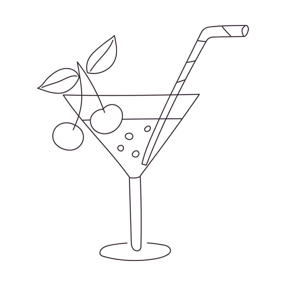 Hand drawn cocktail with cherry and straw. Cold drink, summer beverage. Outline doodle vector black and white illustration isolated on a white background