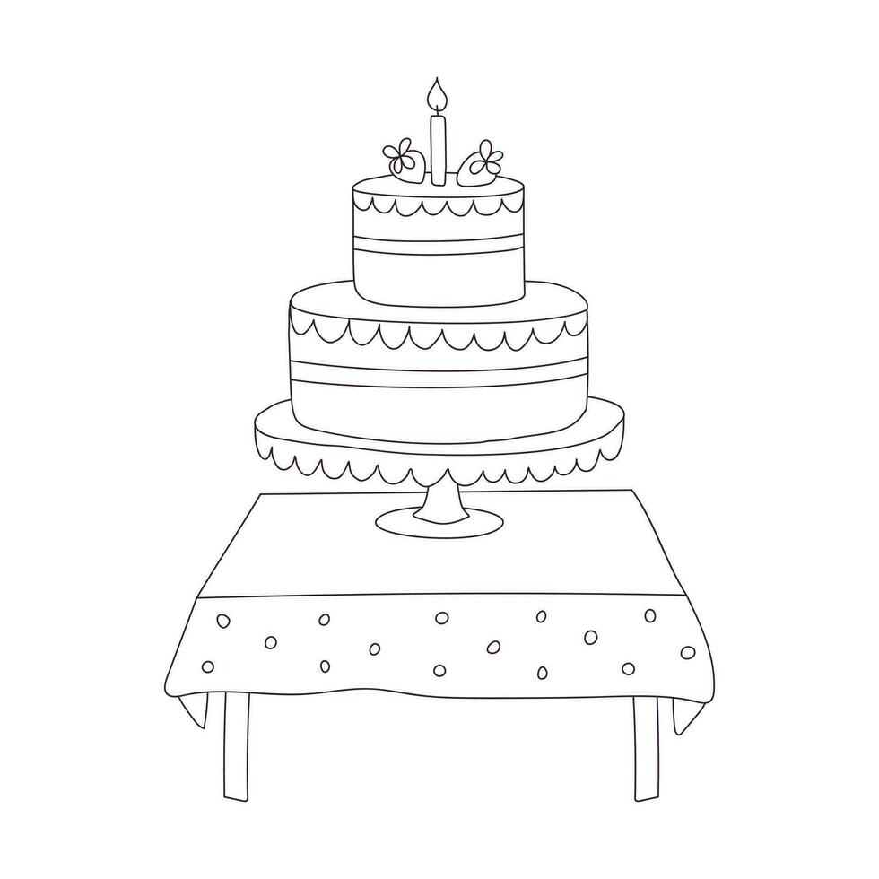 mano dibujado cumpleaños pastel con velas en el mesa con Manteles. dulce alimento, postre. símbolo de celebracion. contorno garabatear vector negro y blanco ilustración aislado en un blanco antecedentes