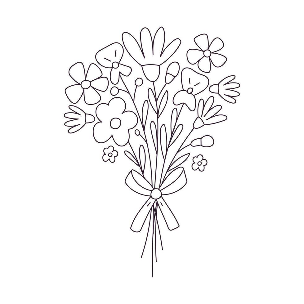 Hand drawn Bouquet of flowers. Outline doodle vector black and white illustration isolated on a white background