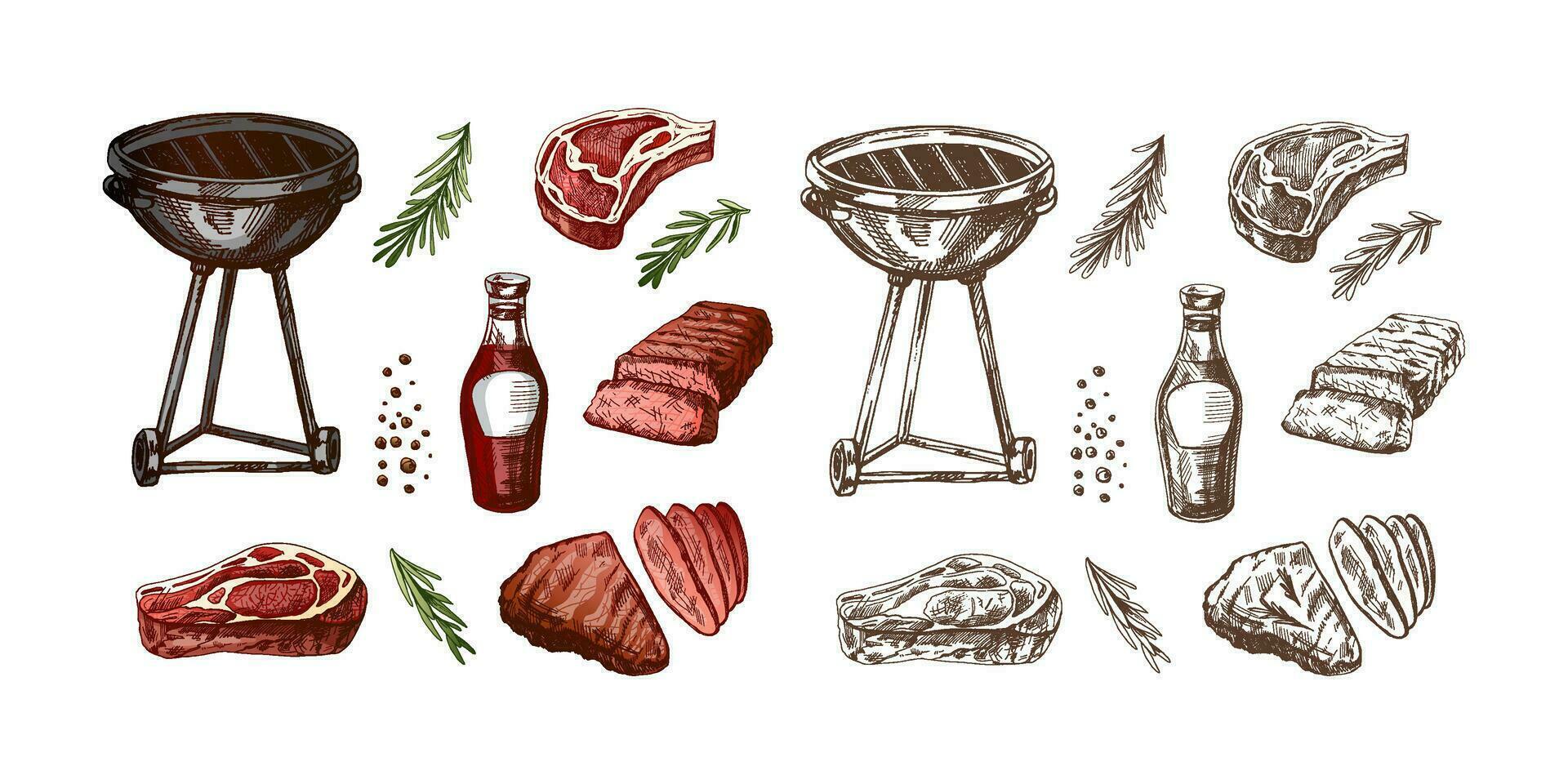 un conjunto de dibujado a mano bocetos de parilla elementos. para el diseño de el menú de restaurantes y cafés, A la parrilla alimento. garabatear Clásico ilustración. grabado imagen. vector