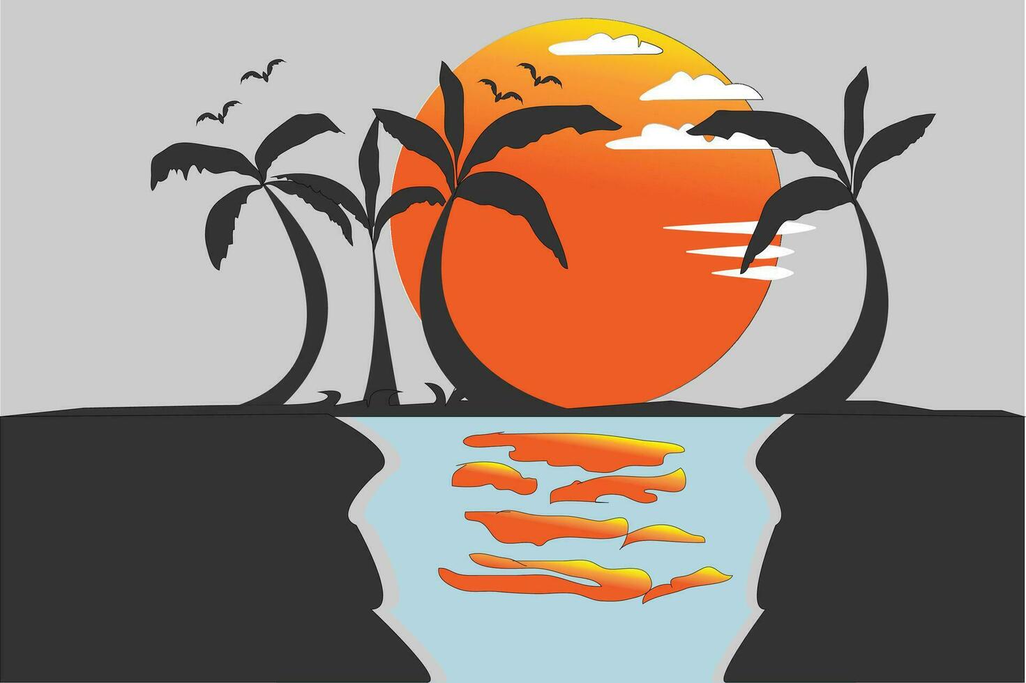 Sunset on the horizon over the sea landscape. Vector illustration