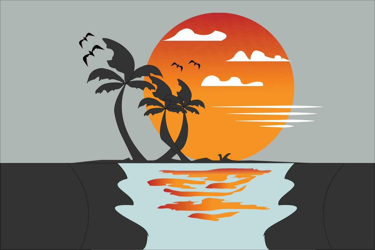 Sunset on the horizon over the sea landscape. Vector illustration