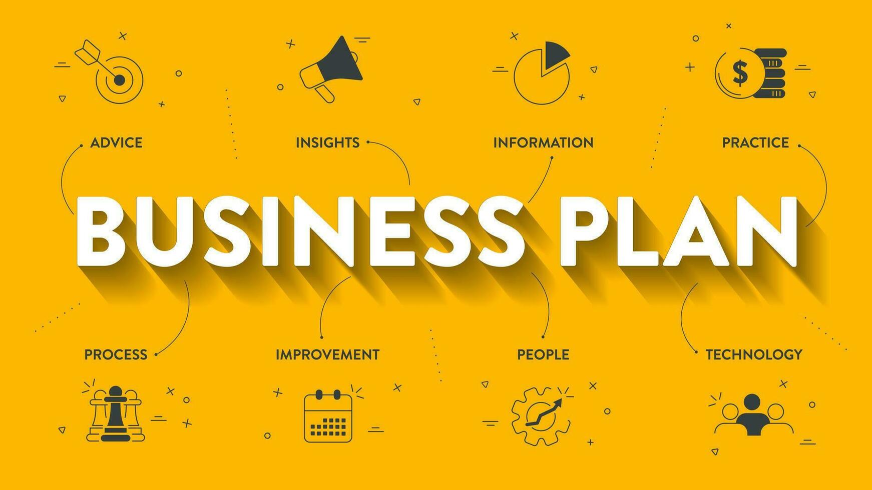 Business plan diagram chart infographic banner with icons vector has mission, swot, competitor, market research, human resource, development strategy, marketing financial plan and executive summary.