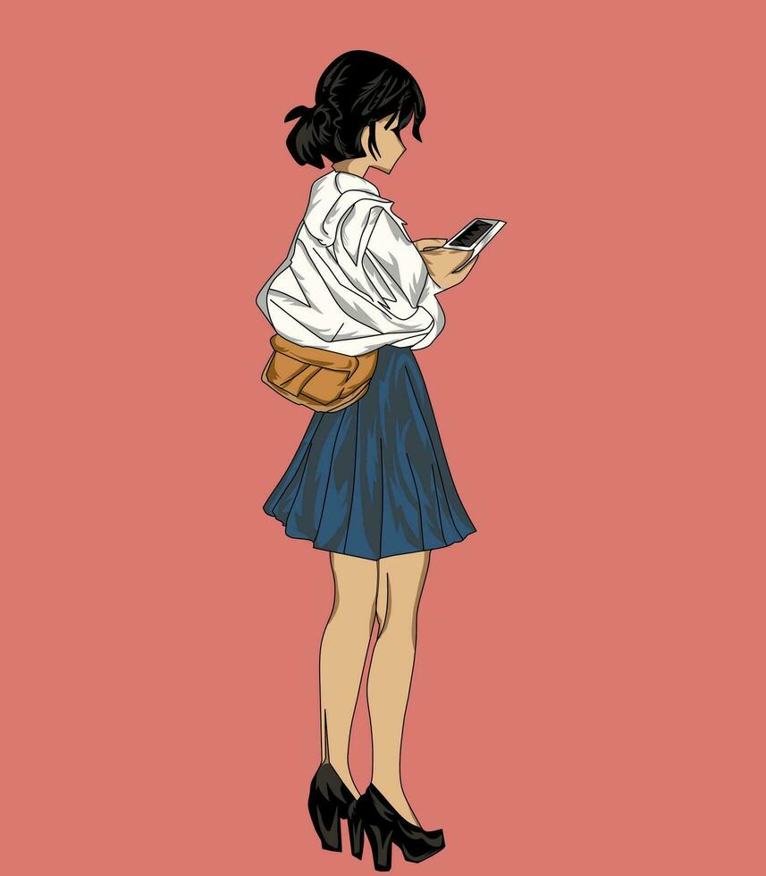 Ilustration of student girl playing smartphone vector