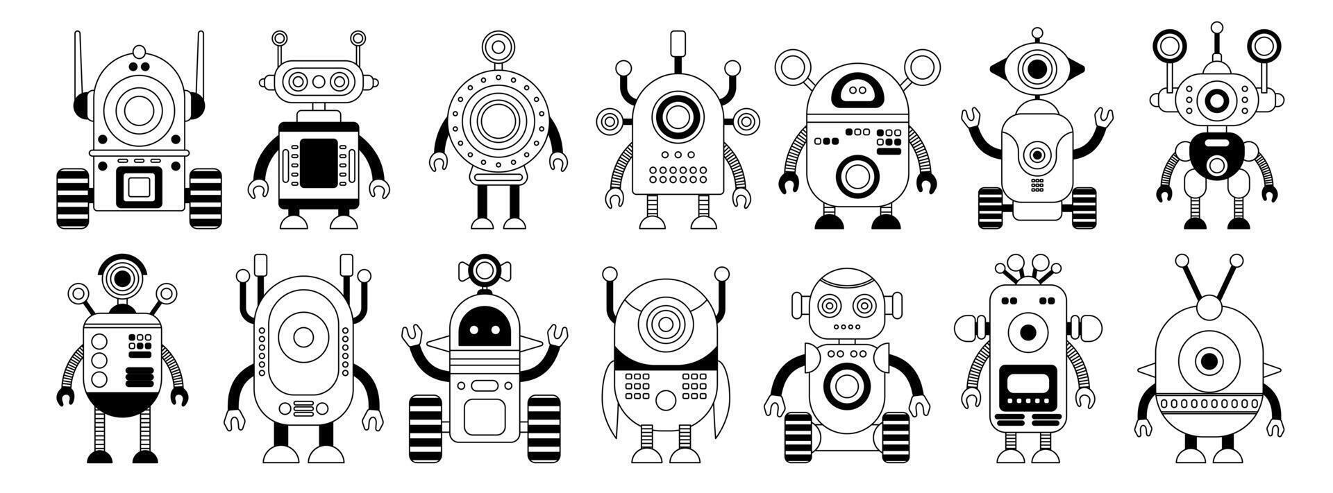 Set of linear black and white robot icons Isolated on white background. Character Artificial Intelligence Concept Flat Vector Illustration.