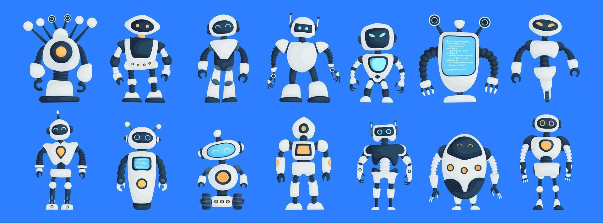 Big Set of Modern Robots Isolated on Blue Background Cute Character Cartoon Artificial Intelligence Concept Flat Illustration vector