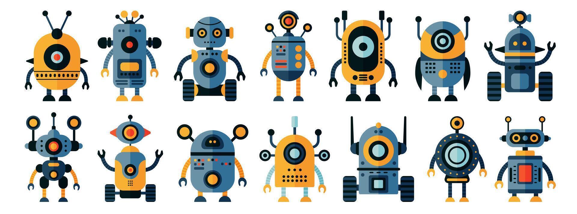 Set of retro colored robot icons Isolated on white background. Character Artificial Intelligence Concept Flat Illustration. vector