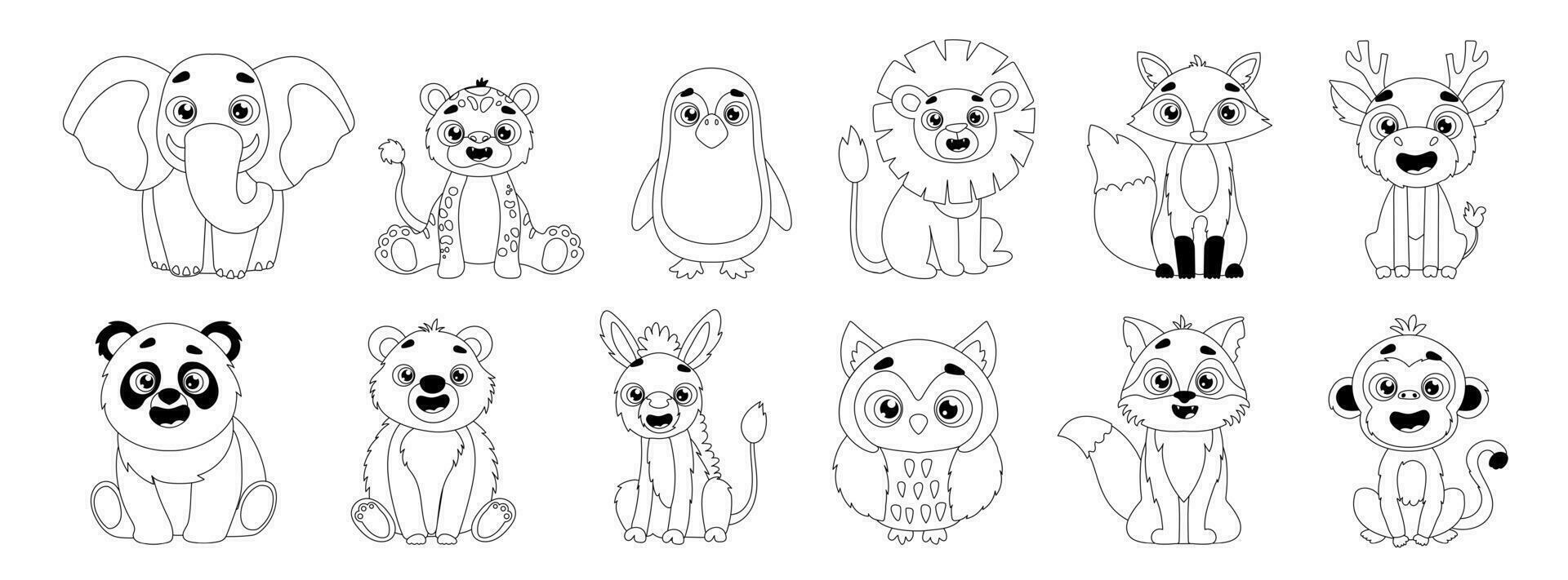 Set of cute wild animal icons including lion, fox, deer, elephant, tiger, penguin, owl, wolf, monkey, panda, bear and donkey. Vector black and white linear style illustration of forest animals.